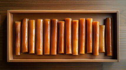 味噌漬けのたけのこを整然と並べた、和の保存食ストック