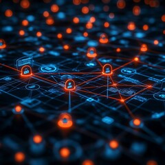 Visualizing the Complex Interconnectivity of a Secure Network System: A Futuristic Digital Landscape of Data Protection and User Privacy.