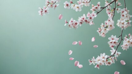 Beautiful Cherry Blossom Branch with Falling Petals on Green Background