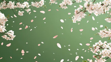 Blooming Cherry Blossoms with Falling Petals on Green Background