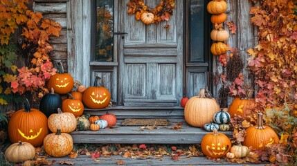 Obraz premium Autumnal Porch Decor With Pumpkins, Fall Leaves, And Jack-O'-Lanterns Creates A Warm Halloween Atmosphere.