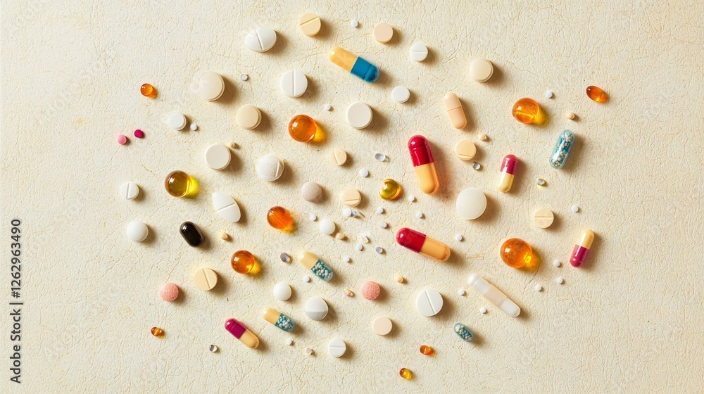 Poster assorted tablets and capsules spread on textured background