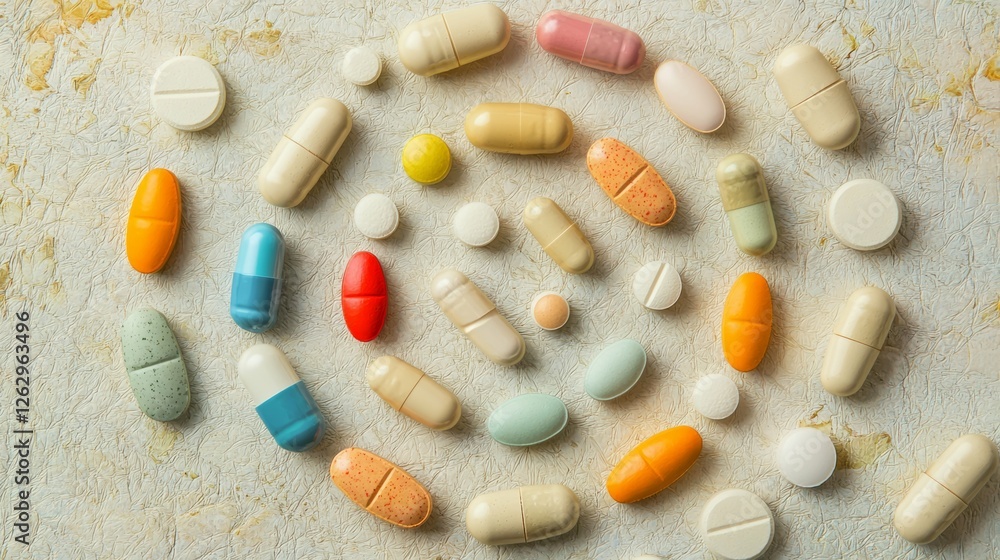 Poster assorted colorful pills and capsules on a textured background