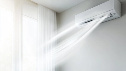 modern reverse cycle air conditioner mounted on wall emits cool air into bright, minimalist room with sheer curtains and natural light