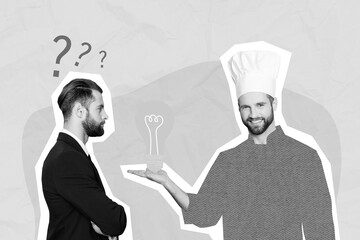 Creative abstract template graphics collage image of chef showing boos arm new food idea isolated...
