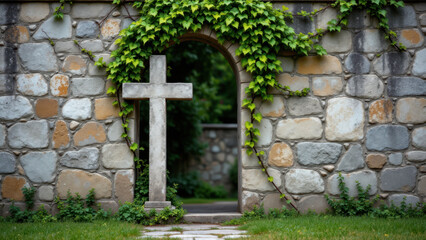 Stone archway with cross at entrance, surrounded by ivy.