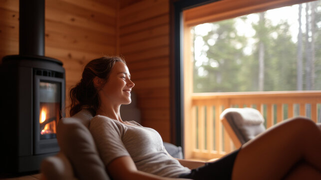 woman relaxes in cozy wooden cabin, enjoying warmth of fireplace and serene view of forest through large window