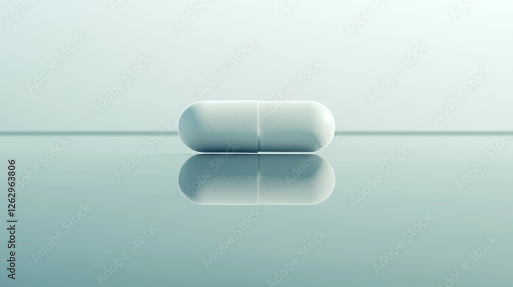 Poster isolated white capsule on a reflective surface with minimalist background