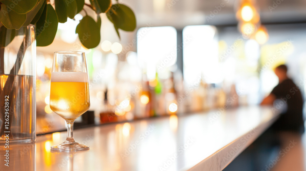 Poster glass of beer sits on modern bar counter with blurred background, creating warm and inviting atmosphere