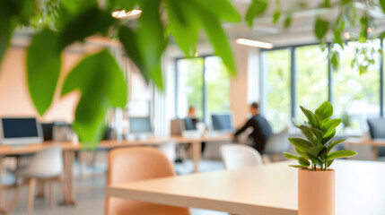 modern open plan office with natural light, greenery, and focus on productivity