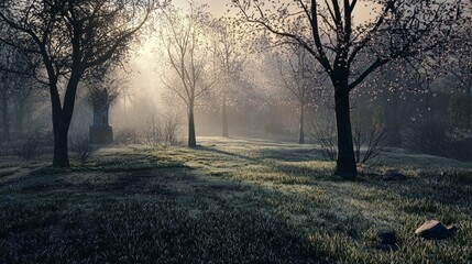 Foggy Morning Landscape with Ethereal Light and Blooming Trees