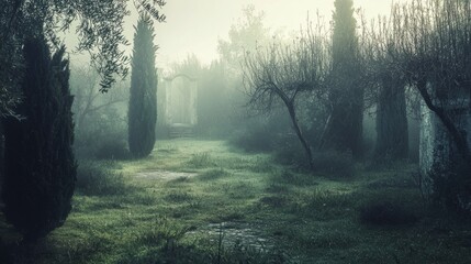 Fototapeta premium Foggy Landscape with Lush Greenery and Mysterious Pathway