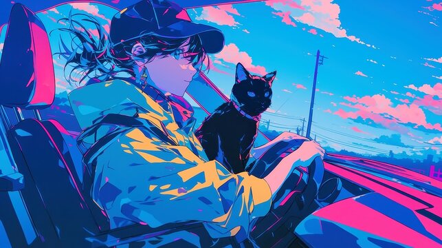 City Pop Cat: A vibrant illustration featuring a black cat in a retro taxi, showcasing bold outlines, solid colors, and a neon-lit palette in a geometric pop art style.