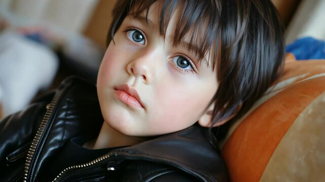young boy look cool in black leather jacket sitting in cozy armchair