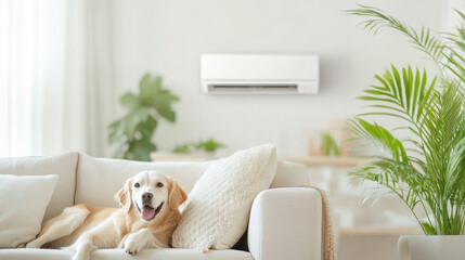 cozy living room with dog relaxing on white sofa, surrounded by green plants, and reverse cycle air conditioner mounted on wall