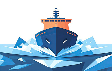 Icebreaker ship cutting through ice, strong motion, bold graphic design on a white background