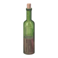 Elegant bottle for red wine and other drinks. Stylish illustration, painted with watercolor. Isolated on white background for bar menu design, label, website.