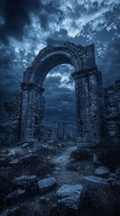 Dark and Mysterious Ruins Under Dramatic Sky at Dusk