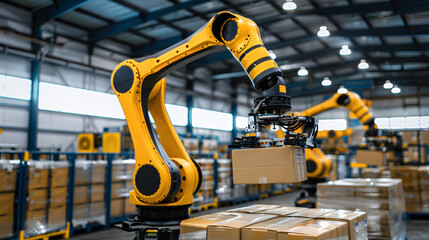 A high-tech warehouse with robotic arms sorting and organizing inventory, demonstrating the seamless integration of AI-driven automation.