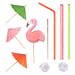 Set of watercolor illustrations of cocktail accessories: tubes, umbrellas, decorations. Isolated illustrations on a white background. Elements for the menu and advertising of a cafe or restaurant.