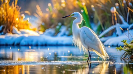 Naklejka premium A snowy egret stands proudly in the wintry Erie wetlands.