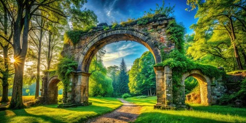 Italy's Monza Park:  Ancient stone archway, HDR photography captures the park's stunning landscape.