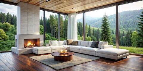 A modern forest villa's minimalist living room, bathed in natural light.