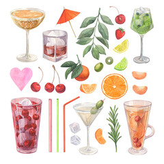 Set of watercolor illustrations with fruit cocktails and alcoholic drinks. Isolated illustrations on white background. Elements for bar and restaurant menu, advertising, social networks and posters.