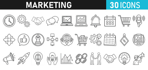 Digital Marketing set of web liner icons. Marketing icons for web and mobile app. e-commerce, SEO, business, Sales, analytics, ads, communication, content, connect, branding Vector illustration bundle