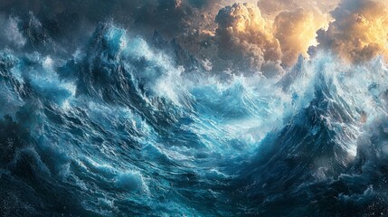 Dramatic Ocean Waves Under Cloudy Sky at Sunrise with Blue Tones