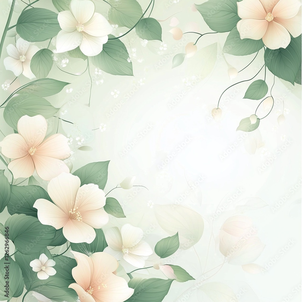 Poster a delicate vector background featuring lush plants and blooming flowers, creating a fresh and natura