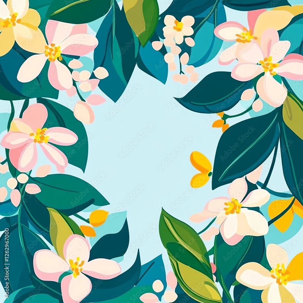 Poster a delicate vector background featuring lush plants and blooming flowers, creating a fresh and natura