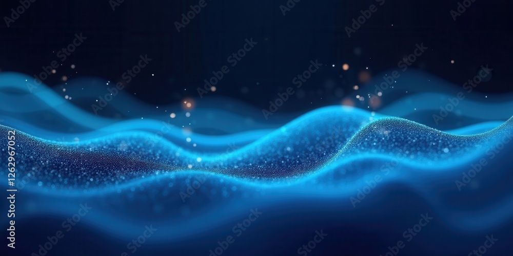 Poster abstract blue wave background with glittering particles in motion