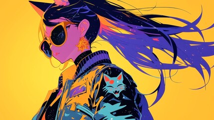 Stylish Black Cat in 80s Bomber Jacket, vibrant city pop aesthetic, bold outlines, simple colors, geometric design, cool neon palette, capturing retro urban vibes.