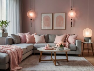 Elegant Living Room Decor Featuring a Sectional Sofa and Pink Accents