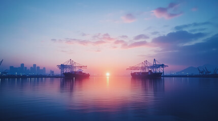 Obraz premium Container truck in ship port for business Logistics and transportation of Container Cargo ship and Cargo plane with working crane bridge in shipyard at sunrise, logistic import export and transport