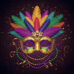 Colorful Mardi Gras mask with beads and feathers decor on a background, perfect for carnival, Mardi Gras, party, celebration, and theme-related concepts. Generative AI