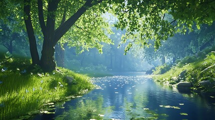 Fototapeta premium Serene Forest Stream: A 3D Render of a Sunlit Summer Day AI Generated