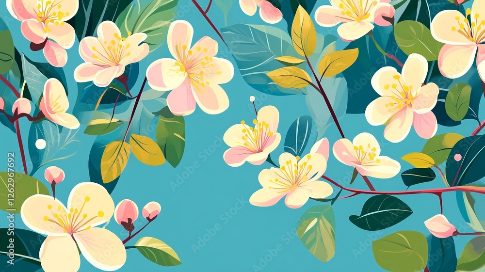 Poster a delicate vector background featuring lush plants and blooming flowers, creating a fresh and natura
