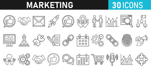 Digital Marketing set of web liner icons. Marketing icons for web and mobile app. e-commerce, SEO, business, Sales, analytics, ads, communication, content, connect, branding Vector illustration bundle