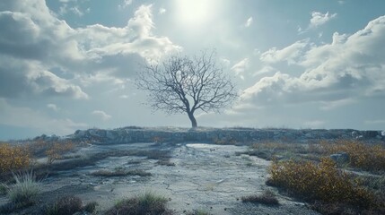 Isolated Tree on a Stone Plateau Under Dramatic Cloudy Sky