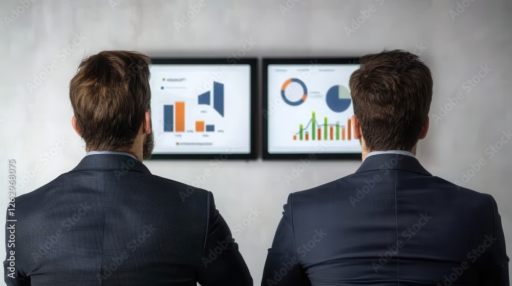 Aufkleber two business professionals are watching data presentations on screens, analyzing graphs and charts i