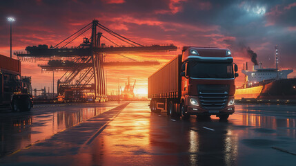 Fototapeta premium Container truck in ship port for business Logistics and transportation of Container Cargo ship and Cargo plane with working crane bridge in shipyard at sunrise, logistic import export and transport