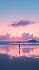Obraz premium Solitary Figure Silhouetted Against a Pink Sunset Beachscape