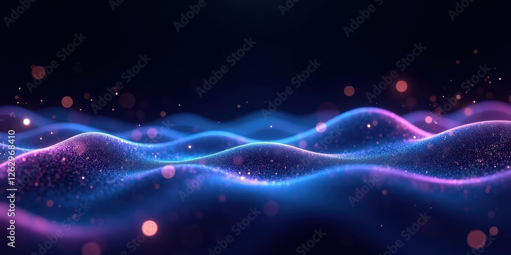 Poster abstract colorful waves with glowing particles in dark background