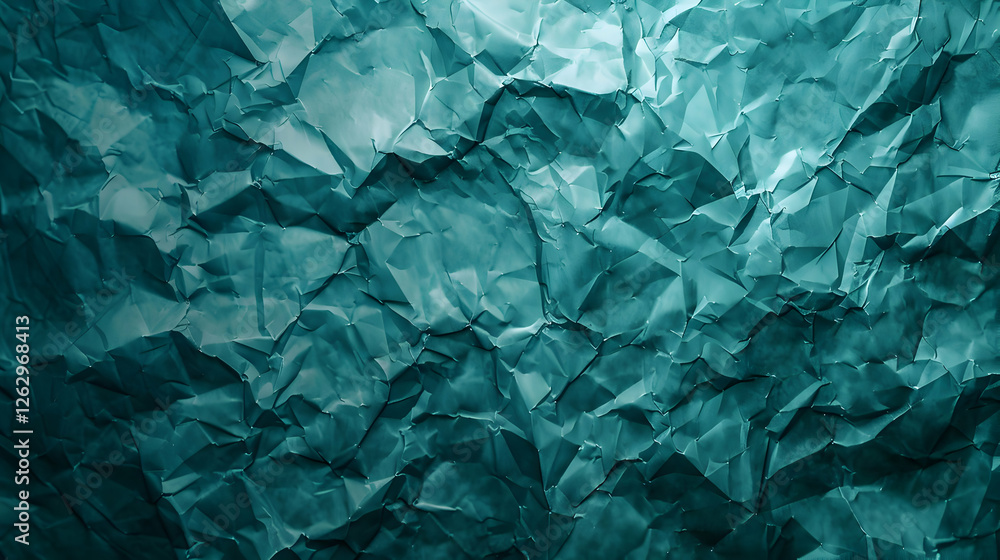 Poster textured crumpled teal paper background with intricate folds and shadows, ideal for design use