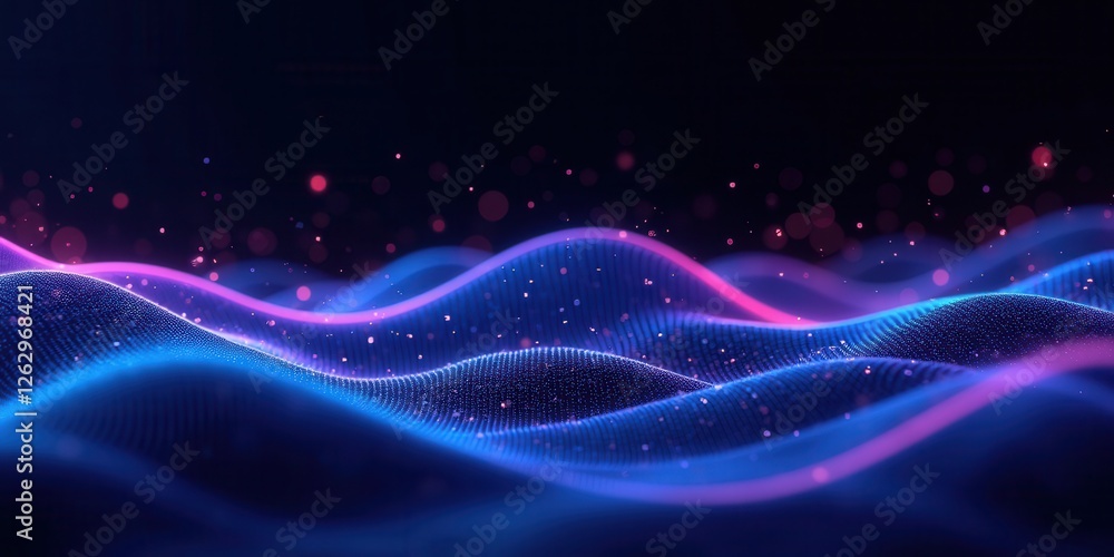 Poster abstract tech background with colorful waves and glowing particles
