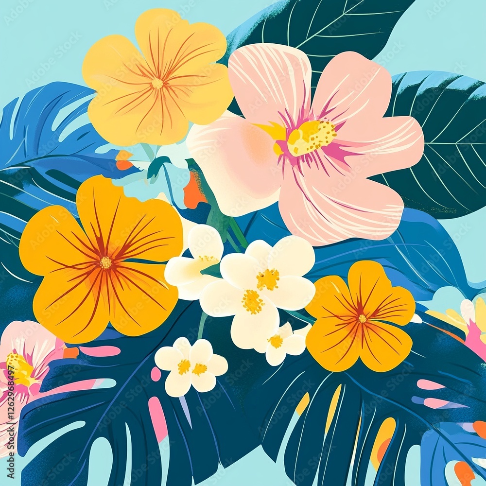 Poster a delicate vector background featuring lush plants and blooming flowers, creating a fresh and natura