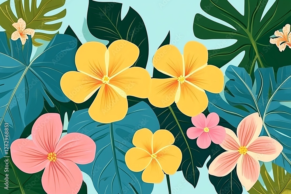 Poster a delicate vector background featuring lush plants and blooming flowers, creating a fresh and natura