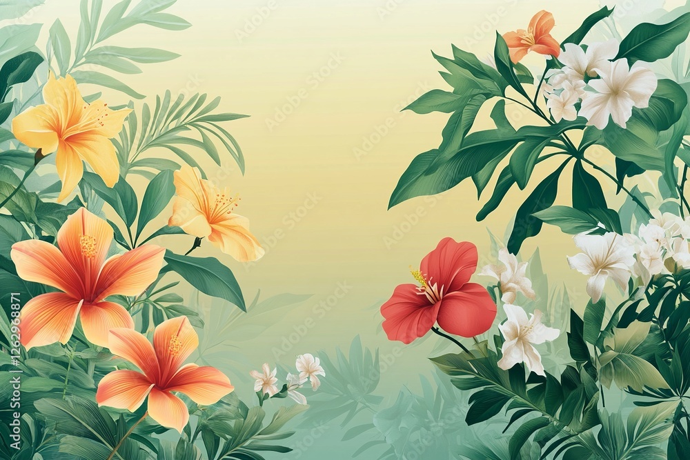 Poster a delicate vector background featuring lush plants and blooming flowers, creating a fresh and natura